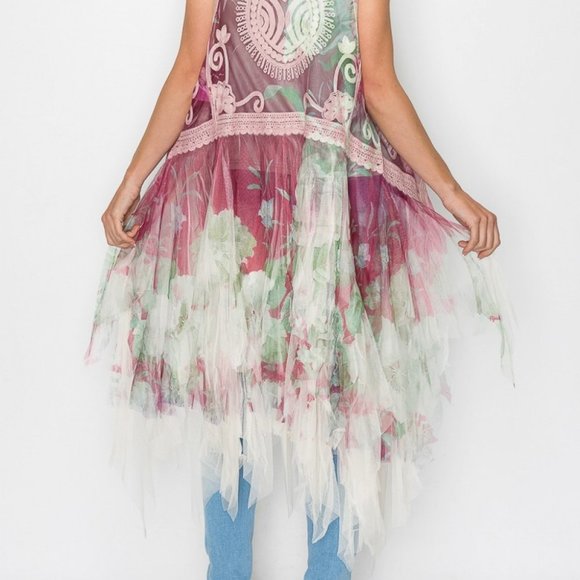 new ORIGAMI TULLE BOHO VEST WRAP wine SM-4X stunning shabby chic western floral - Picture 3 of 5